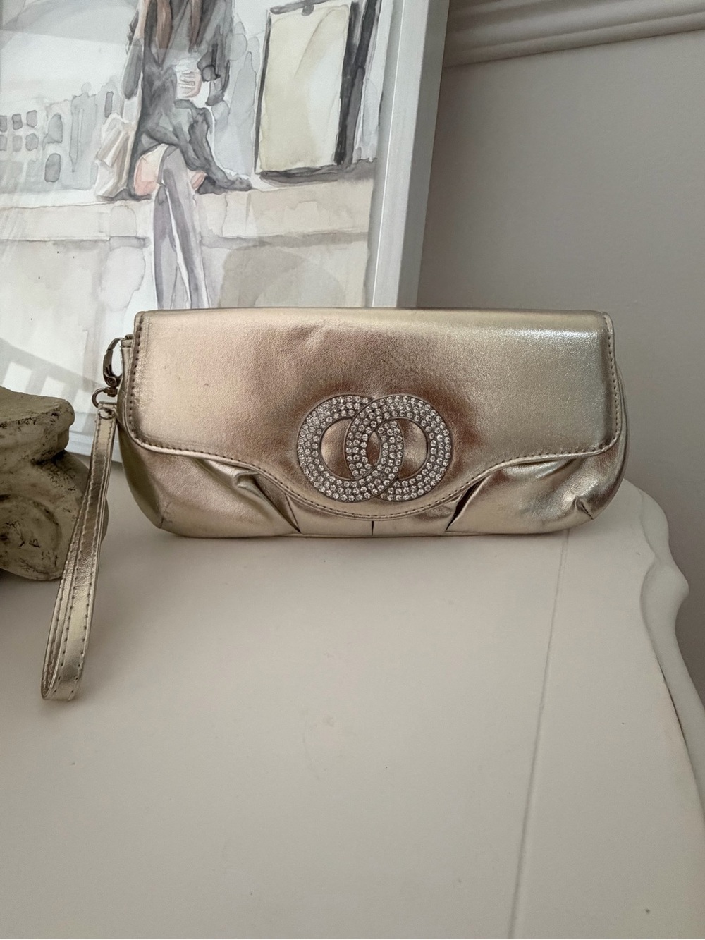00’s Gold metallic Rhinestone Wristlet Clutch